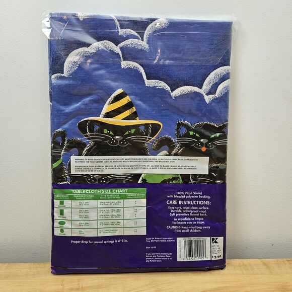 Vintage Pumpkin Time Vinyl Tablecover Halloween Black CATS Spooky WITCHES ROUND - Picture 2 of 3